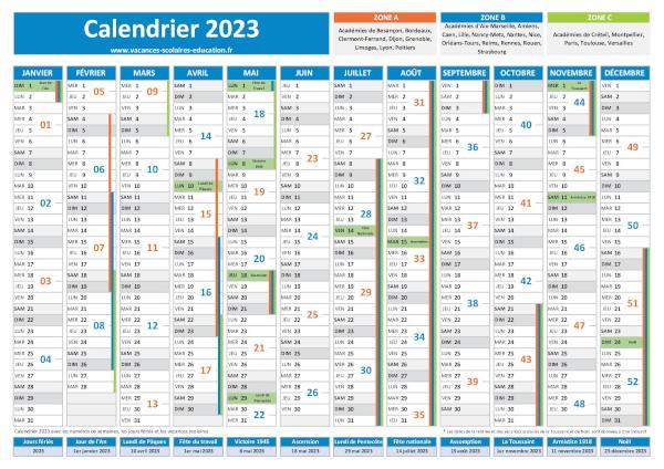 Calendrier 2023 avec semaines vacances jours feries 600